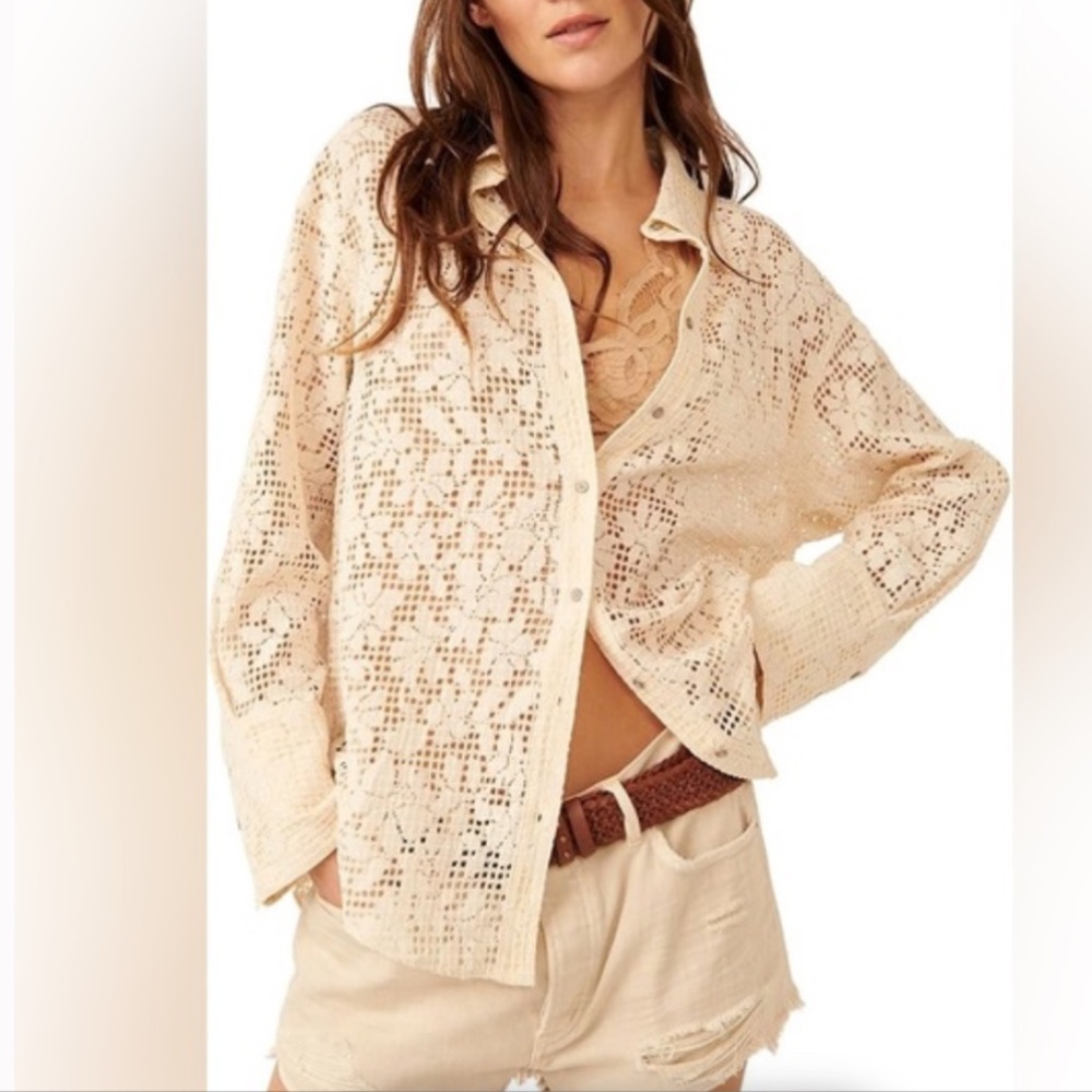 Free people in your dreams lace button up crochet shirt collar blouse XS new
